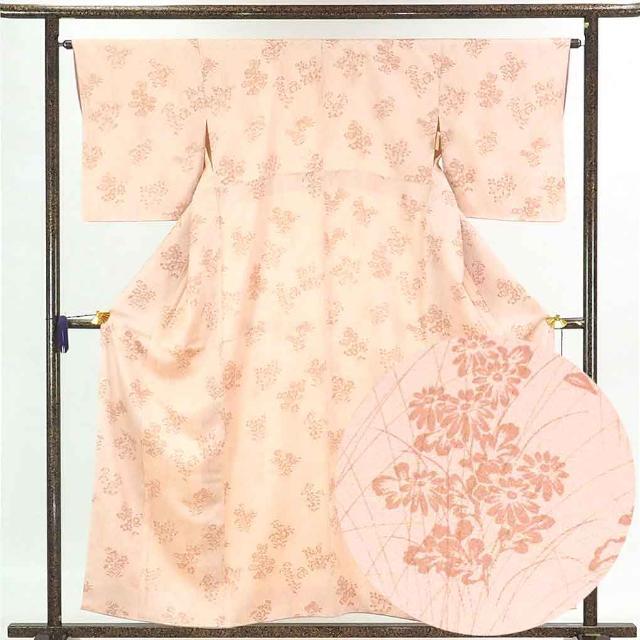 小紋 身丈158cm 裄65cm 前幅23cm 後幅30cm 袖丈49cm 正絹(シルク) レディース 袷仕立 秋冬春用 ピンク地 裄Mサイズ 未使用品 リサイクル リユース