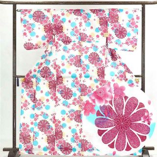 リサイクル 浴衣 白地 花柄 単衣 木綿 着物 未使用品 レディース 夏用 木綿 ホワイト 裄Mサイズ トールサイズ【あす楽】身丈167cm 裄66cm 前幅24cm 後幅30cm 袖丈49cm