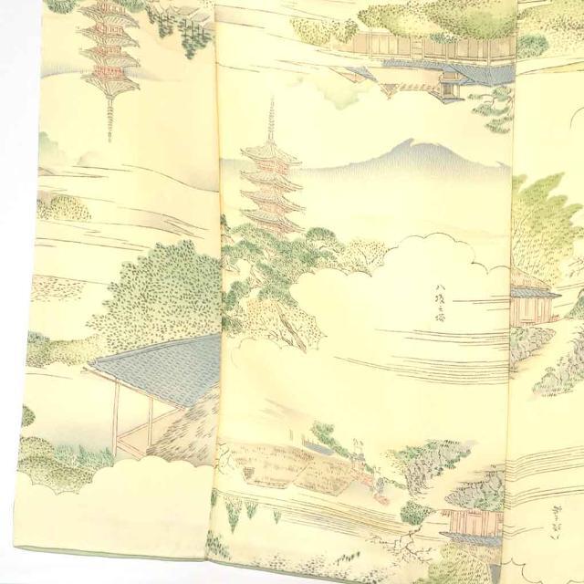 中古】リサイクル 小紋 黄色地 風景画 袷 正絹 着物 レディース 秋冬春