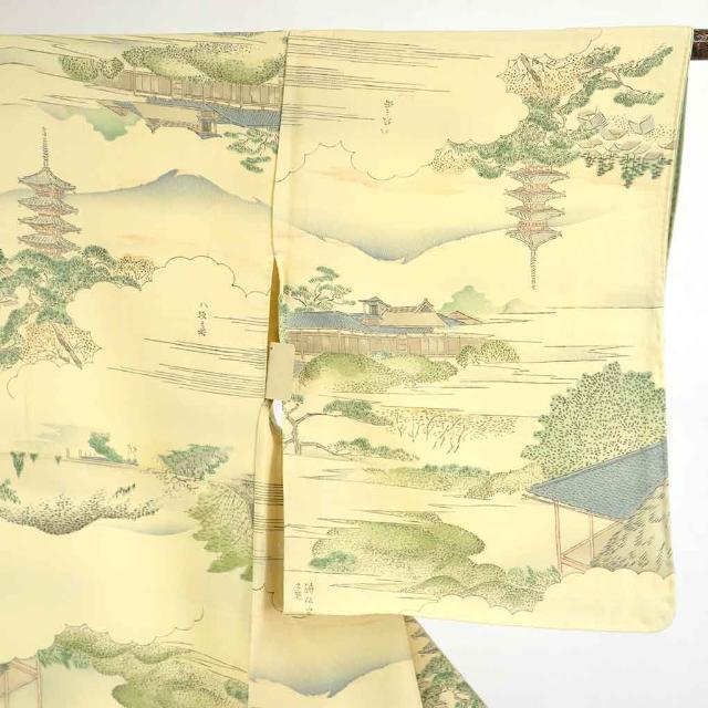 中古】リサイクル 小紋 黄色地 風景画 袷 正絹 着物 レディース 秋冬春