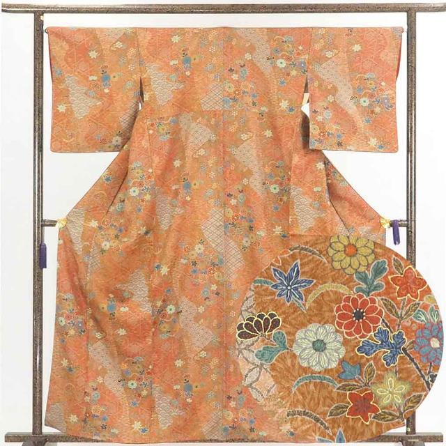 中古】リサイクル 小紋 茶色地 花柄 袷 正絹 着物 レディース 秋冬春用 ...