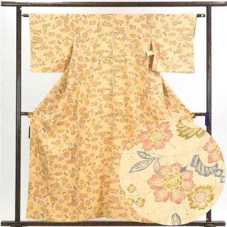 中古】リサイクル着物 小紋 ／ 正絹薄山吹地花柄袷小紋着物 レディース