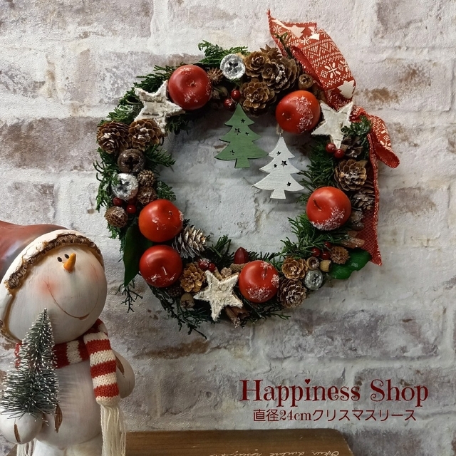 【新品】クリスマスリース　直径24cm　サンタとスノーマンのガーデンピック ハンドメイドのフラワー/ガーデン(ドライフラワー)の商品写真