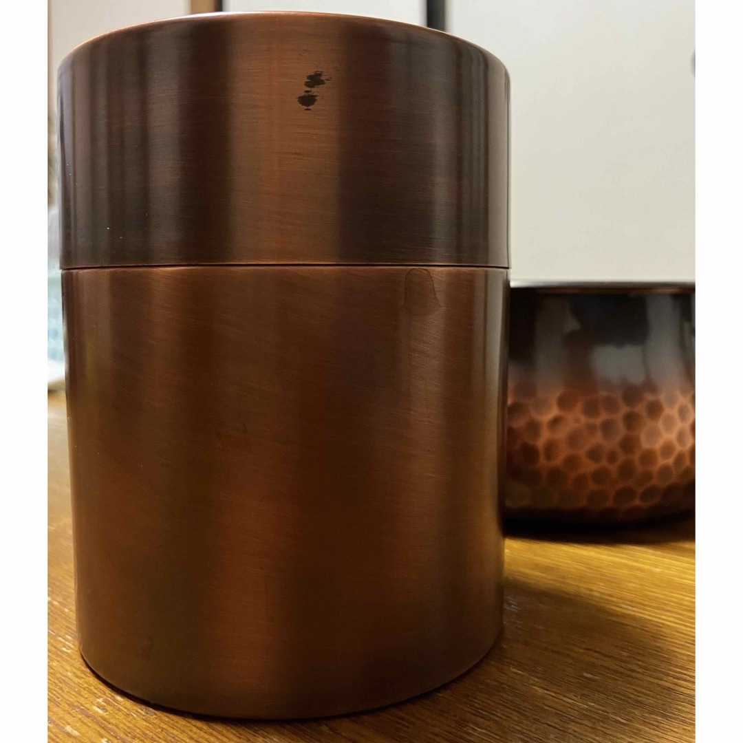 未使用 桐仙堂の純銅製お茶の間揃 茶筒、茶漉し、茶匙のセット 6