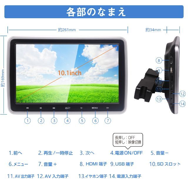 DVDプレーヤー TV 車載用 後部座席 10.1インチ ヘッドレストモニター 4