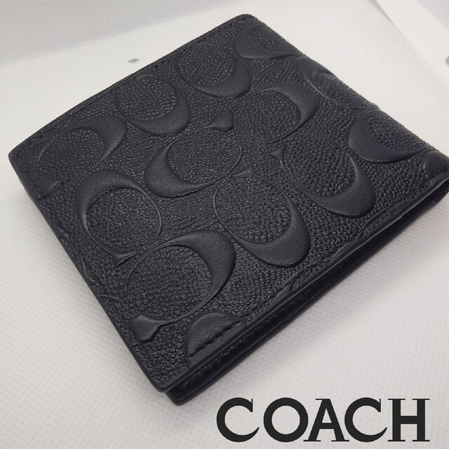 COACH(コーチ)のCOACHコーチ小銭入れ有り艶ありシグネチャーエンボス折財布新品未使用コンパクト メンズのファッション小物(折り財布)の商品写真