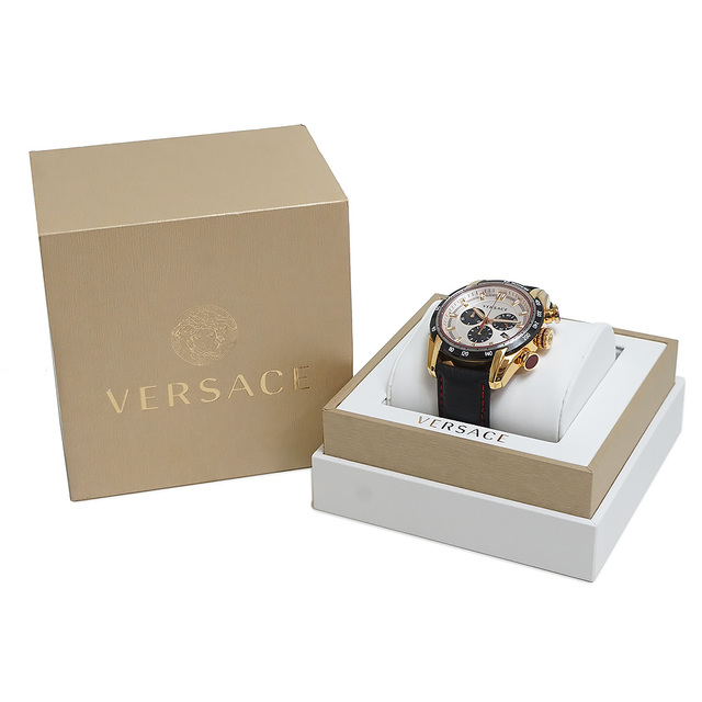 ヴェルサーチ V-RAY クロノグラフ クオーツ 腕時計 レザー ブラック 黒 VDB040014 箱付 訳あり VERSACE（新品・未使用品）