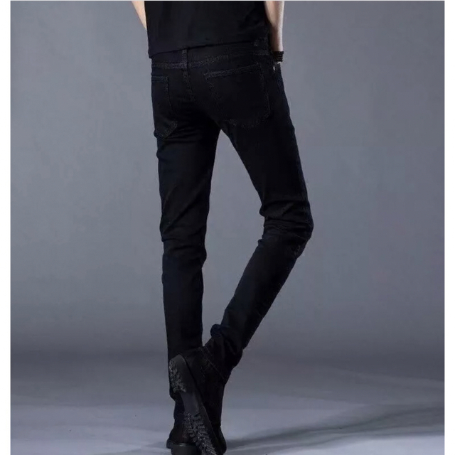 【難あり/新品】メンズ 裏起毛 ブラックデニム パンツ 黒 ブラック 韓国風 メンズのパンツ(デニム/ジーンズ)の商品写真