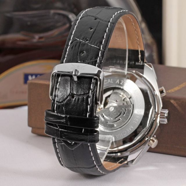 Jaragar社メンズ腕時計 自動巻き ブラック黒本革 シルバー銀 ステンレス7