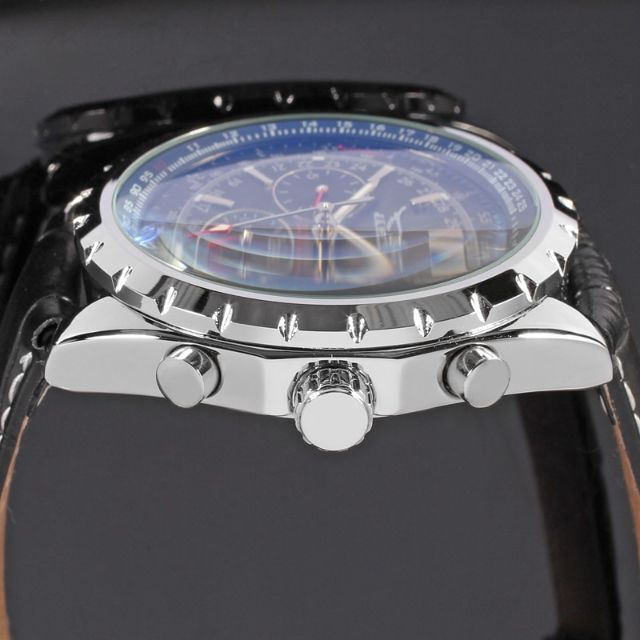 Jaragar社メンズ腕時計 自動巻き ブラック黒本革 シルバー銀 ステンレス7