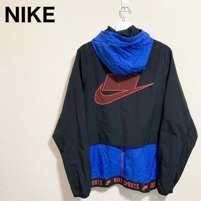 ★美品★NIKE ナイロンジャケット メンズXL 青 黒 ビッグロゴ デカロゴ