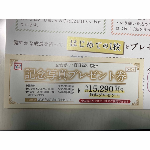 スタジオマリオ　記念写真プレゼント券　お宮参り、100日祝い限定 チケットの優待券/割引券(その他)の商品写真