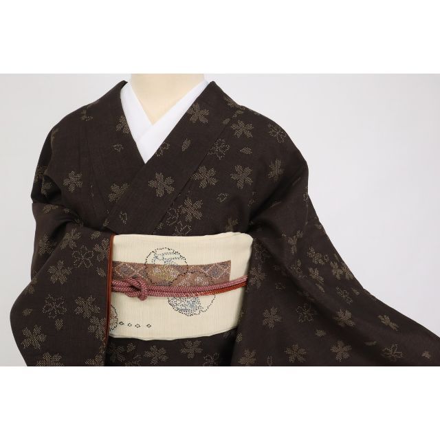 特選*塩沢紬◇六條ゆきやま紬□桜の花模様□茶色◇袷正絹着物◇TC11