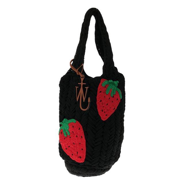 【美品】  JW Anderson / ジェイダブルアンダーソン | STRAWBERRY KNITTED SHOPPER イチゴ ストロベリー モチーフ 刺繍 ハンド トート バッグ | ‐ | ブラック | レディースレディース