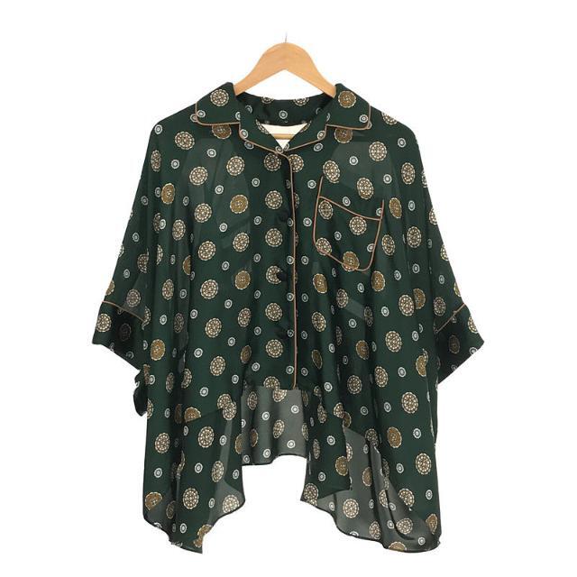 【美品】 sacai / サカイ | 2021SS | Komon Print Shirt 小紋 プリント バック レース 切替 オープンカラー  オーバーサイズ ブラウス | 1 | グリーン | レディース | フリマアプリ ラクマ