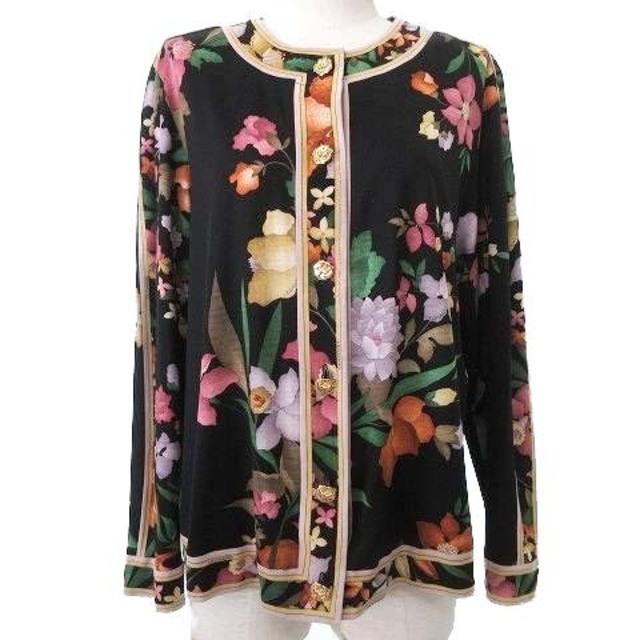 レオナール FASHION カーディガン 花柄 シルク混 金ボタン L ブラック