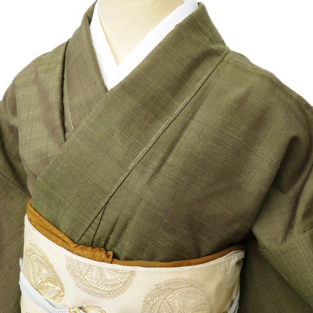 特選 能州紬 海草染 葉っぱ模様 鶯茶色 着物 A793-9 L 【未使用】 特選 能州紬 海草染 葉っぱ模様 鶯茶色 着物 A793-9 L 【未使用】