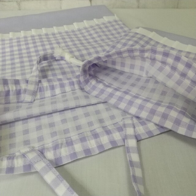 入園入学４点セット　レッスンバッグ　シューズ袋　巾着大小　フリル付薄紫チェック ハンドメイドのキッズ/ベビー(外出用品)の商品写真