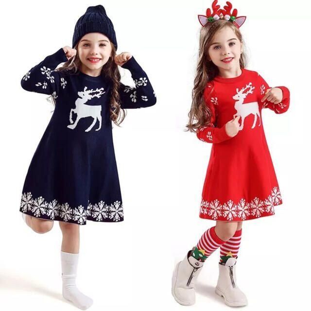 【110】トナカイ柄 ニットワンピース クリスマス 雪柄 長袖 ネイビー キッズ/ベビー/マタニティのキッズ服女の子用(90cm~)(ワンピース)の商品写真