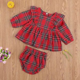 フタフタ(futafuta)の【撮影のみ使用】韓国輸入品　ベビー服　クリスマス　パーティー　女の子　チェック(ロンパース)