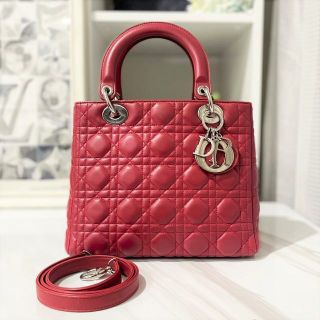 クリスチャンディオール(Christian Dior)の美品☆　ディオール　レディディオール　レザー　赤　2way　ハンドバッグ(ハンドバッグ)