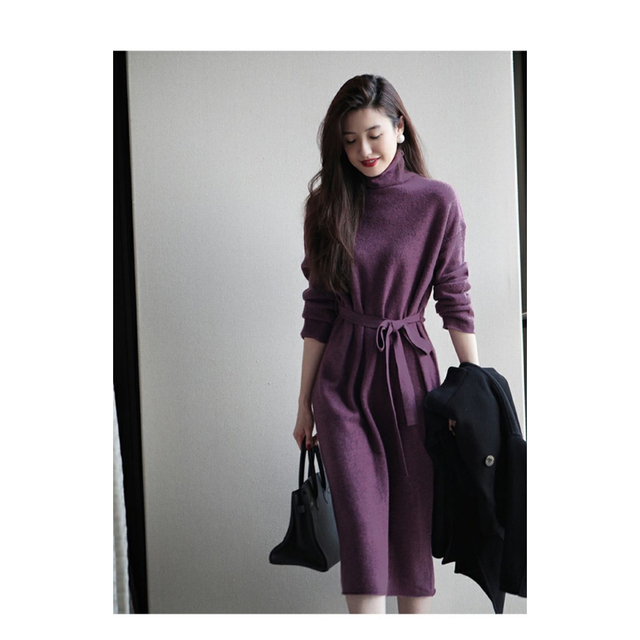 《新品/再入荷♫》紫ハイネック♡ニットロングワンピース 上品 デート 韓国 レディースのワンピース(ロングワンピース/マキシワンピース)の商品写真