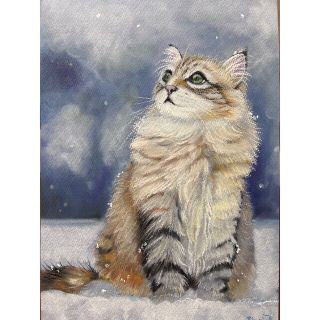 ★参考「雪空を見上げる猫」ver.パステル［手描き］原画　パステル画　イラスト　(アート/写真)