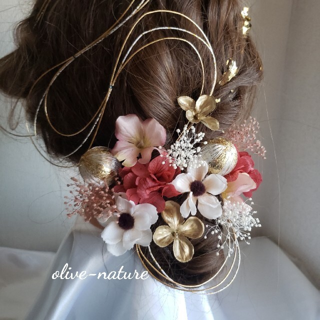 ヘッドドレス～ミニアネモネのレッドピンク和玉水引金箔style～髪飾り