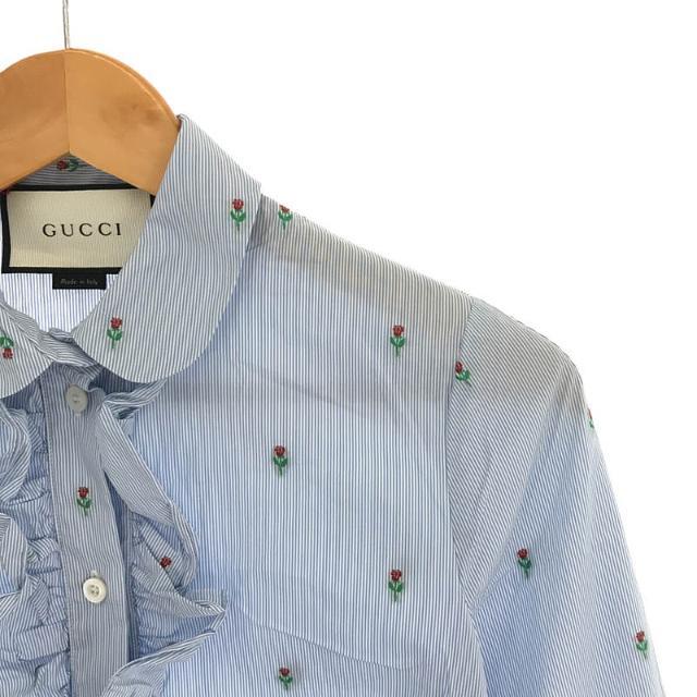 【美品】 GUCCI / グッチ | イタリア製 コットン ストライプ 丸襟 フラワー ローズ 刺繍 フリル ブラウス | 36 | ブルー | レディース