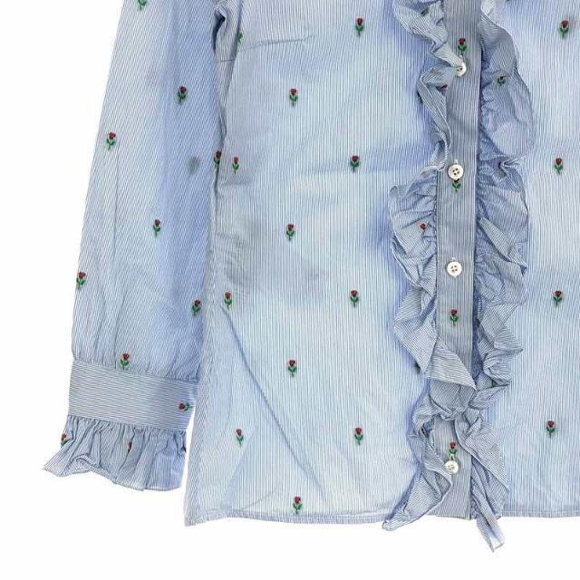 【美品】 GUCCI / グッチ | イタリア製 コットン ストライプ 丸襟 フラワー ローズ 刺繍 フリル ブラウス | 36 | ブルー | レディース