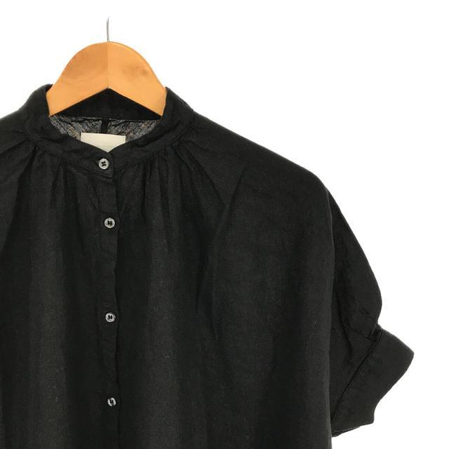 【美品】 Honnete / オネット | 2020SS | H/SLV No Collar OP アイリッシュ リネン ノーカラー ギャザー ワンピース | ブラック | レディース