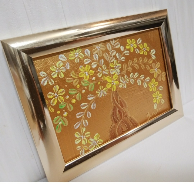 風水開運絵画　金運＊幸せの招財樹　 金のなる木  花　全体　金運　やる気　知性 ハンドメイドのインテリア/家具(アート/写真)の商品写真