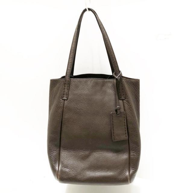 ヒロフ ハンドバッグ - ダークブラウン - ハンドバッグ 【美品】ヒロフ レザー Hロゴ ハンドバッグ ダークブラウン