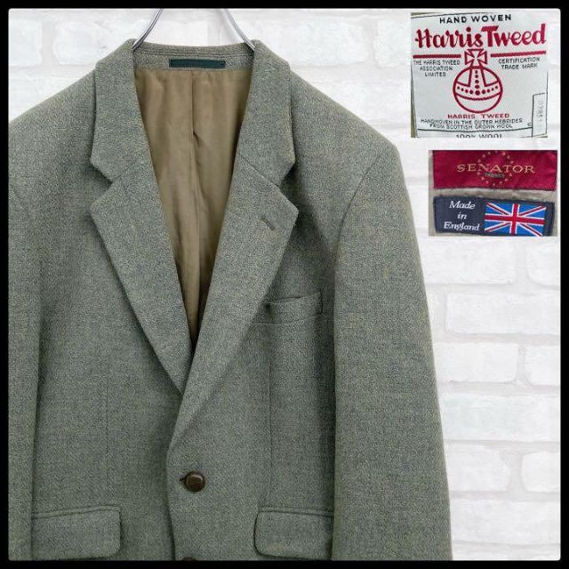 Harris Tweed(ハリスツイード)の【レアカラー】入手困難 ハリスツイード くるみボタン ツイードジャケット 緑 Ｌ メンズのジャケット/アウター(テーラードジャケット)の商品写真