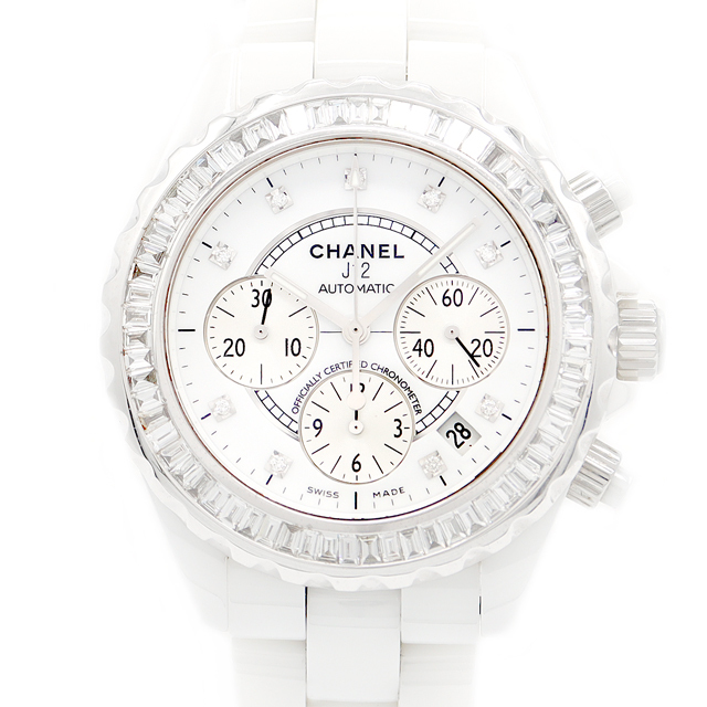 CHANEL シャネル J12 41mm クロノグラフ H2009 デイト 純正ダイヤモンド 9Pダイヤ バケットダイヤベゼル 白 ホワイト セラミック SS ステンレス アフターダイヤモンド メンズ 自動巻き【6ヶ月保証】【腕時計】