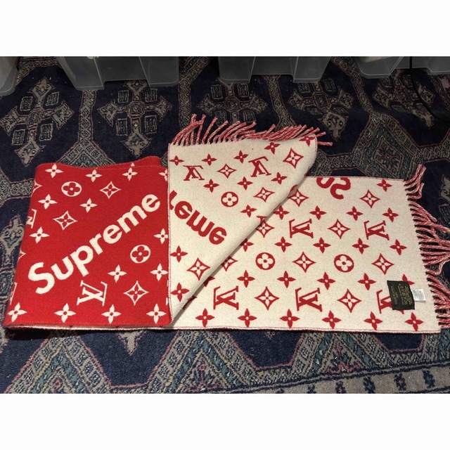 LOUIS VUITTON X SUPREME Cashmere Wool Monogram Scarf Red 194208