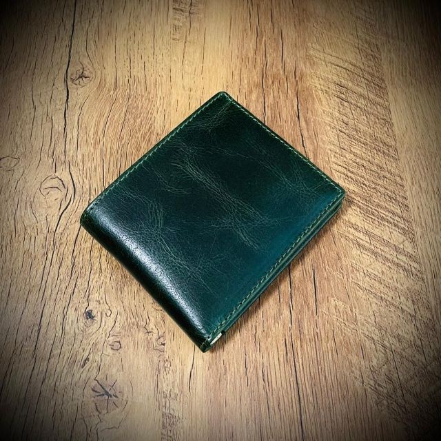 ヴィンテージ メンズ財布 イタリアンレザー 本革 折財布 二つ折り グリーン 緑