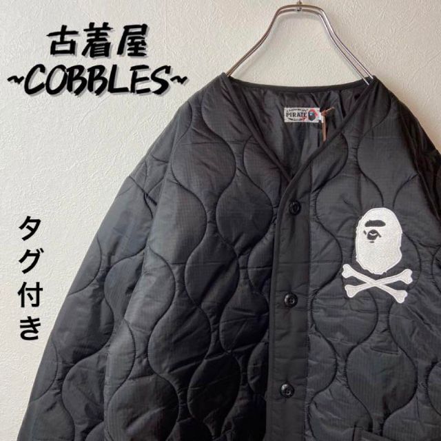 【新品タグ付き】a bathing ape キルティングジャケット黒刺繍ロゴ古着屋COBBLESPBK