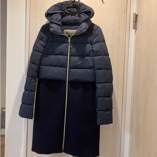 今夜だけ!♪美品ヘルノ ウールコンビダウンコート 40 ネイビー herno