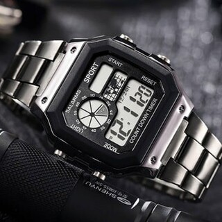 スクエア 腕時計 LED デジタル クロノグラフ カレンダー 防水 アラーム 黒(腕時計(デジタル))