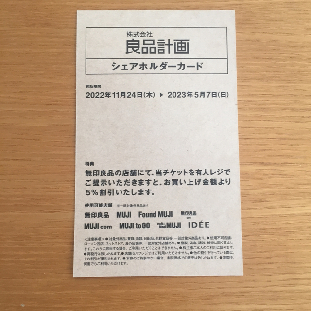 MUJI (無印良品)(ムジルシリョウヒン)の無印良品　株主優待　シェアホルダーカード チケットの優待券/割引券(ショッピング)の商品写真