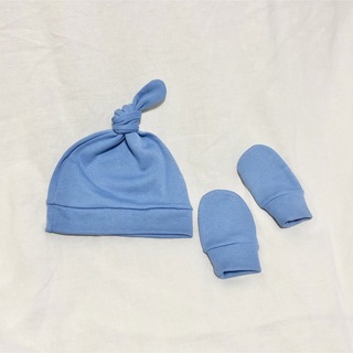 パステルブルー【新品】水色男の子赤ちゃんベビー帽子+ベビーミトン新生児(帽子)