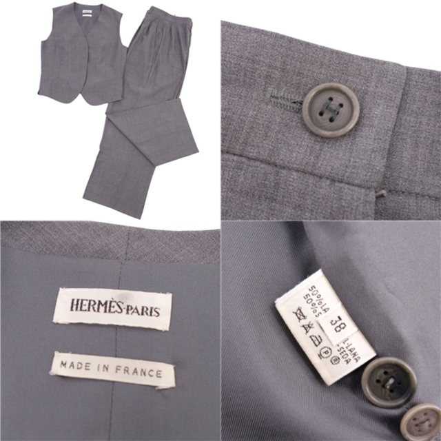 極美品 エルメス HERMES セットアップ マルジェラ期 ベスト ジレ パンツ スーツ ウール レディース 38(M相当) グレー