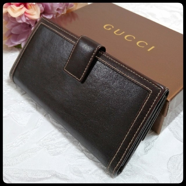 Gucci(グッチ)のGUCCI グッチ 長財布 2つ折り Wホック メタルリボン ダークブラウン レディースのファッション小物(財布)の商品写真