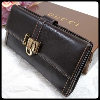 グッチ(Gucci)のGUCCI グッチ 長財布 2つ折り Wホック メタルリボン ダークブラウン(財布)