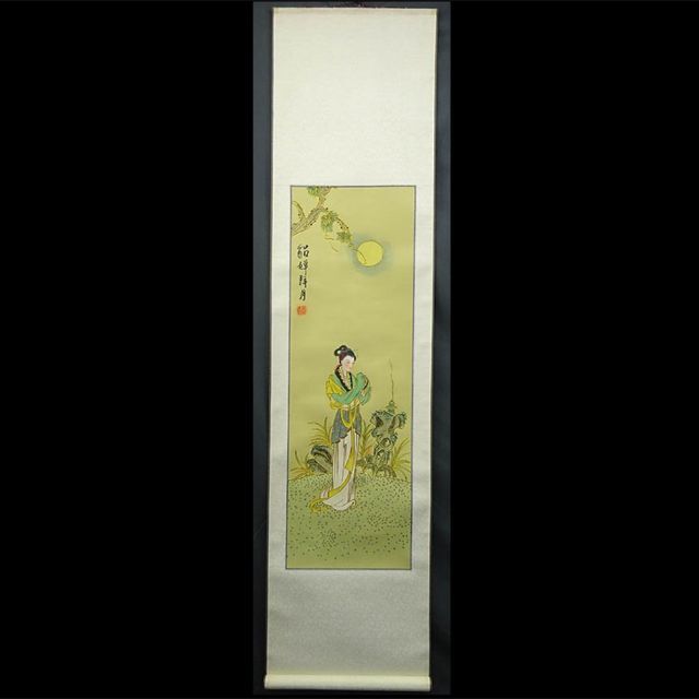 掛軸 華夏工芸『 貂蝉拜月 美人図』中国画 絹本 掛け軸 g061619 1