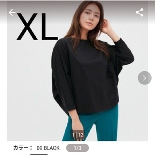 ユニクロ(UNIQLO)のユニクロ　コットンドルマンオーバーサイズT　ブラック　XL(Tシャツ(長袖/七分))