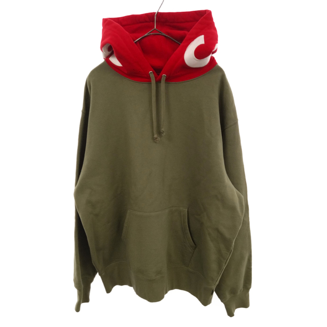 SUPREME シュプリーム 21AW Contrast Hooded Sweatshir コントラストフーデットスウェットシャツ フードロゴ刺繍バイカラースウェットプルオーバーパーカー カーキ/レッド