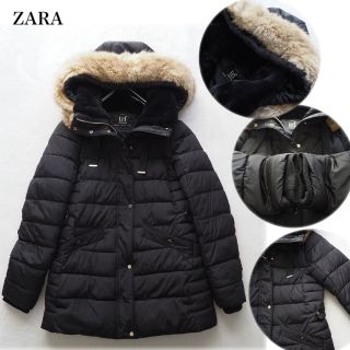 ザラ(ZARA)のZARA ザラ ファー フード付き ボア 中綿コート ロングコート ブラック 黒(ダウンコート)