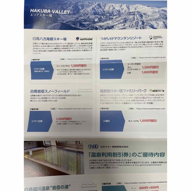 日本スキー場開発　株主優待　リフト割引券　レンタル割引券　各1枚 チケットの施設利用券(スキー場)の商品写真